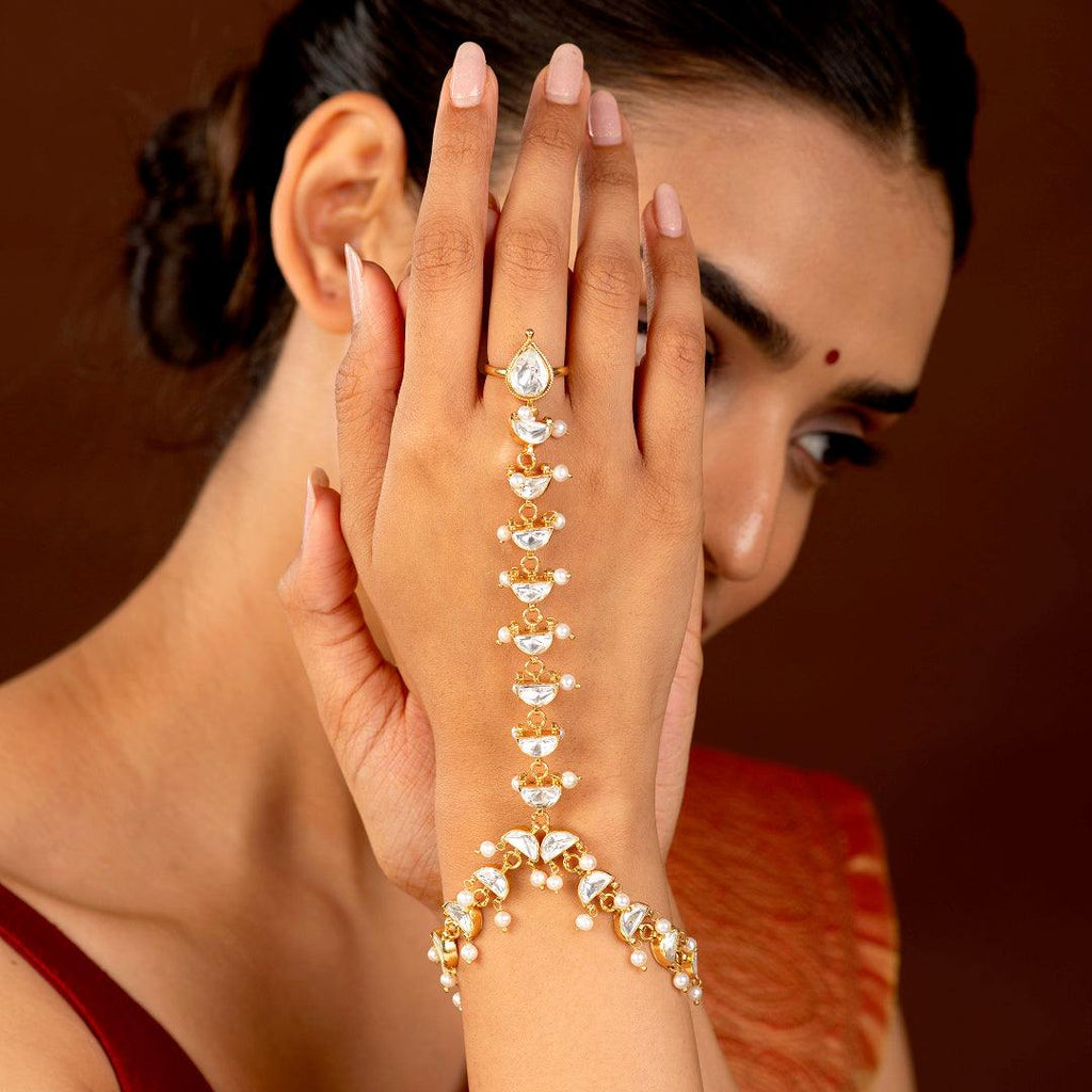 Silver Kundan Haath Phool with Delicate Pearl AccentsSilver Kundan Haath Phool