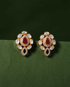 Red Teardrop CZ Silver Polki Pattern Earrings in Gold-PlatedRed Teardrop CZ Silver