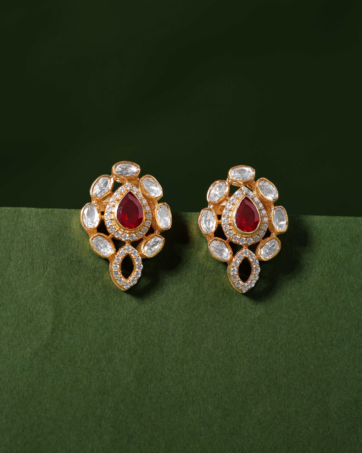 Red Teardrop CZ Silver Polki Pattern Earrings in Gold-PlatedRed Teardrop CZ Silver