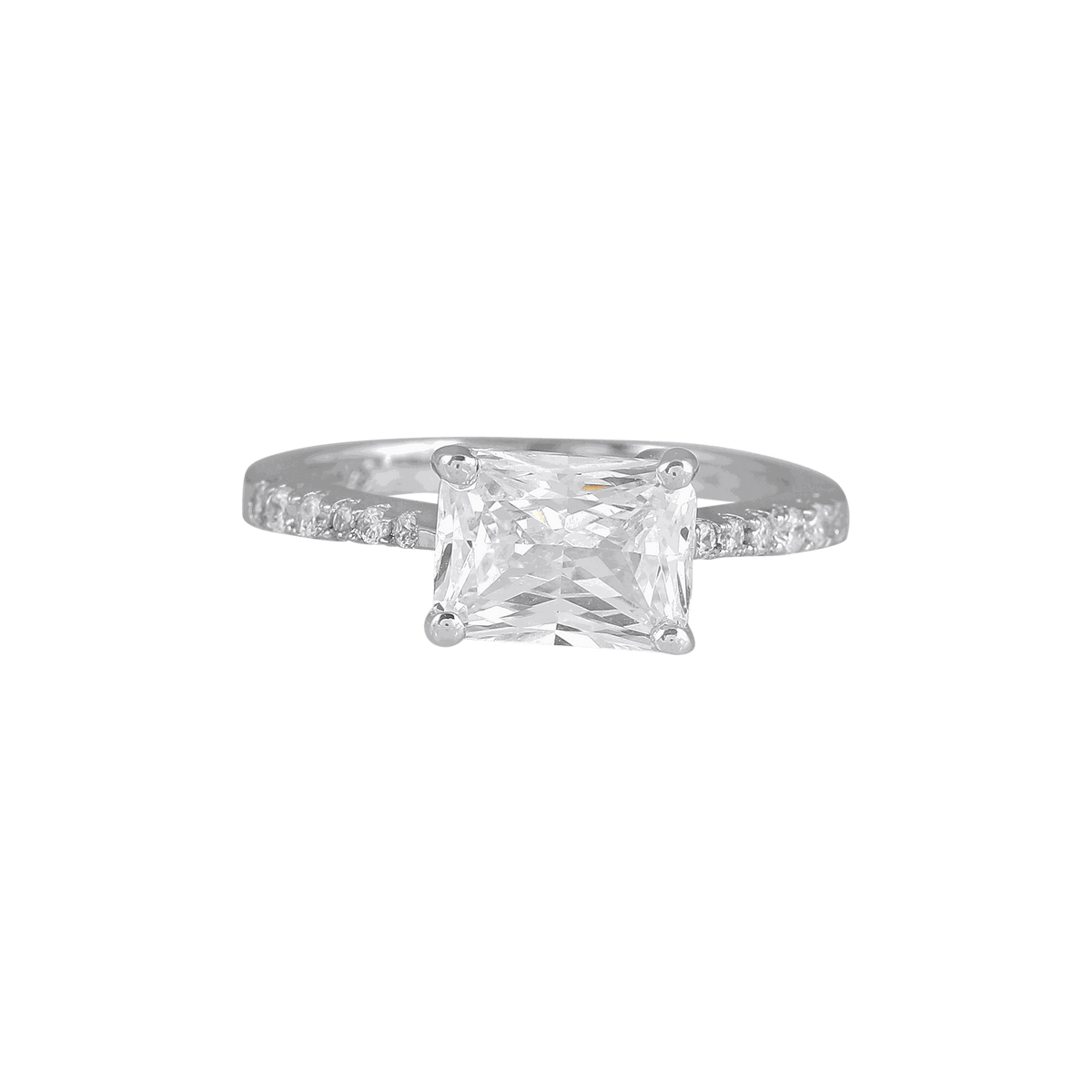 Modern Radiant CZ Ring featuring a rectangular radiant cut clear CZ stone in a polished 92.5 silver band with pavé accents.