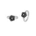 Pure 92.5 Silver toe rings with a matte antique finish featuring a central floral bloom design with oxidized detailing.