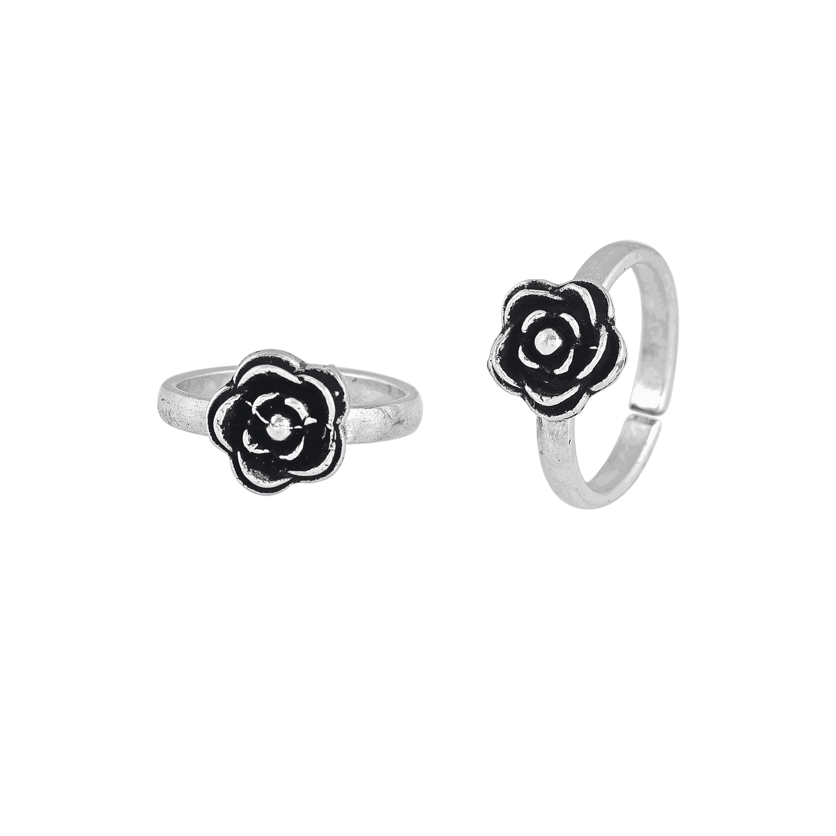 Pure 92.5 Silver toe rings with a matte antique finish featuring a central floral bloom design with oxidized detailing.