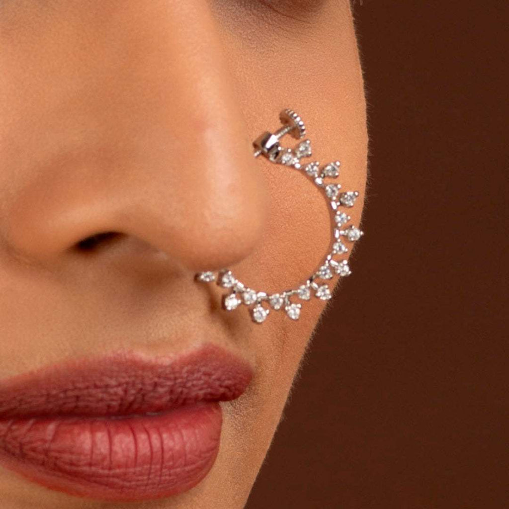 Stellar Halo CZ Adjustable Nose Ring in 92.5 Silver by Tavya Jewellery - side view