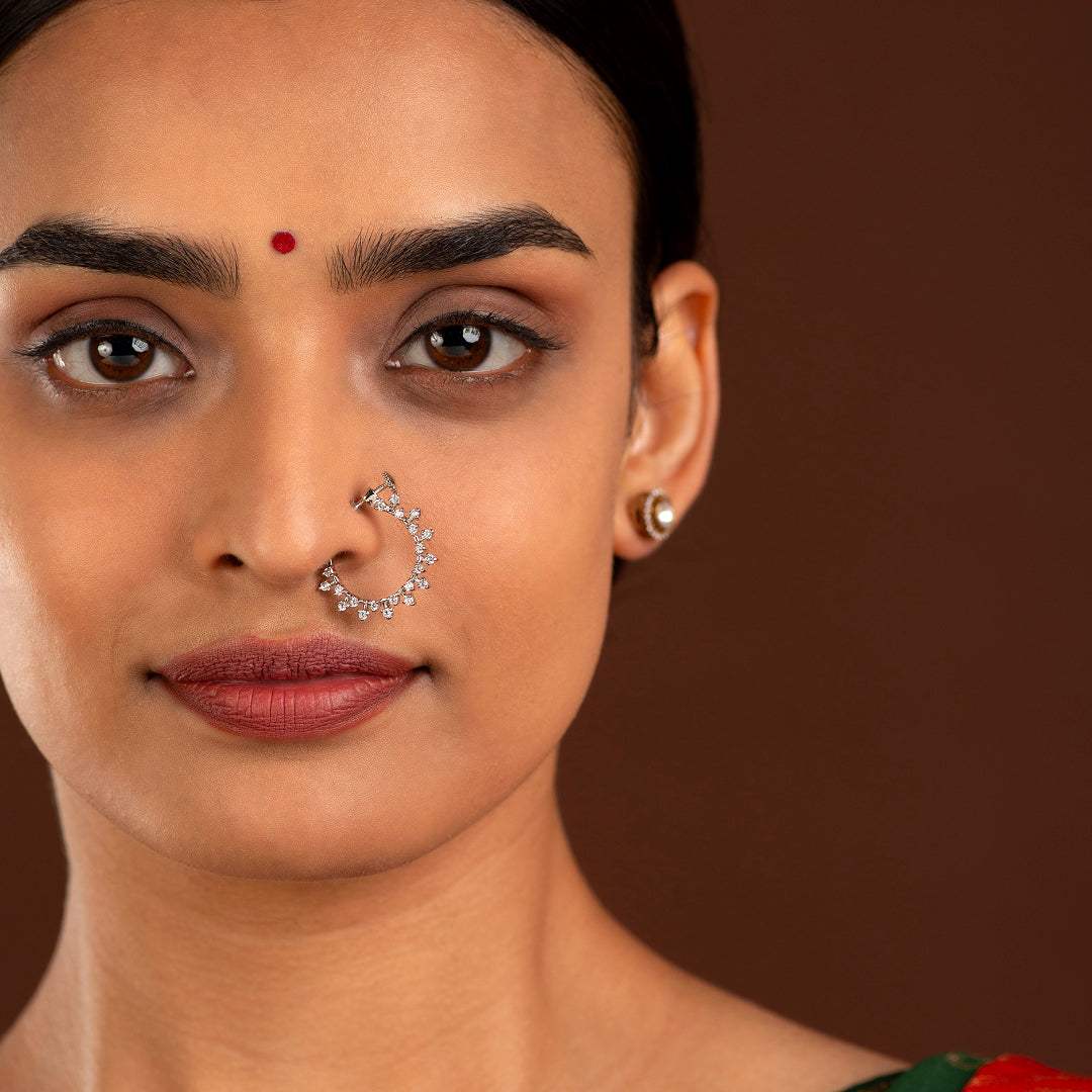 Stellar Halo CZ Adjustable Nose Ring in 92.5 Silver by Tavya Jewellery - styled close-up