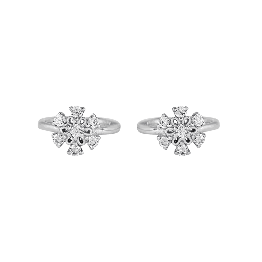 Silver Sparkling Floral Toe Rings featuring sterling silver bands with intricate floral designs accented by sparkling cubic zirconia stones.