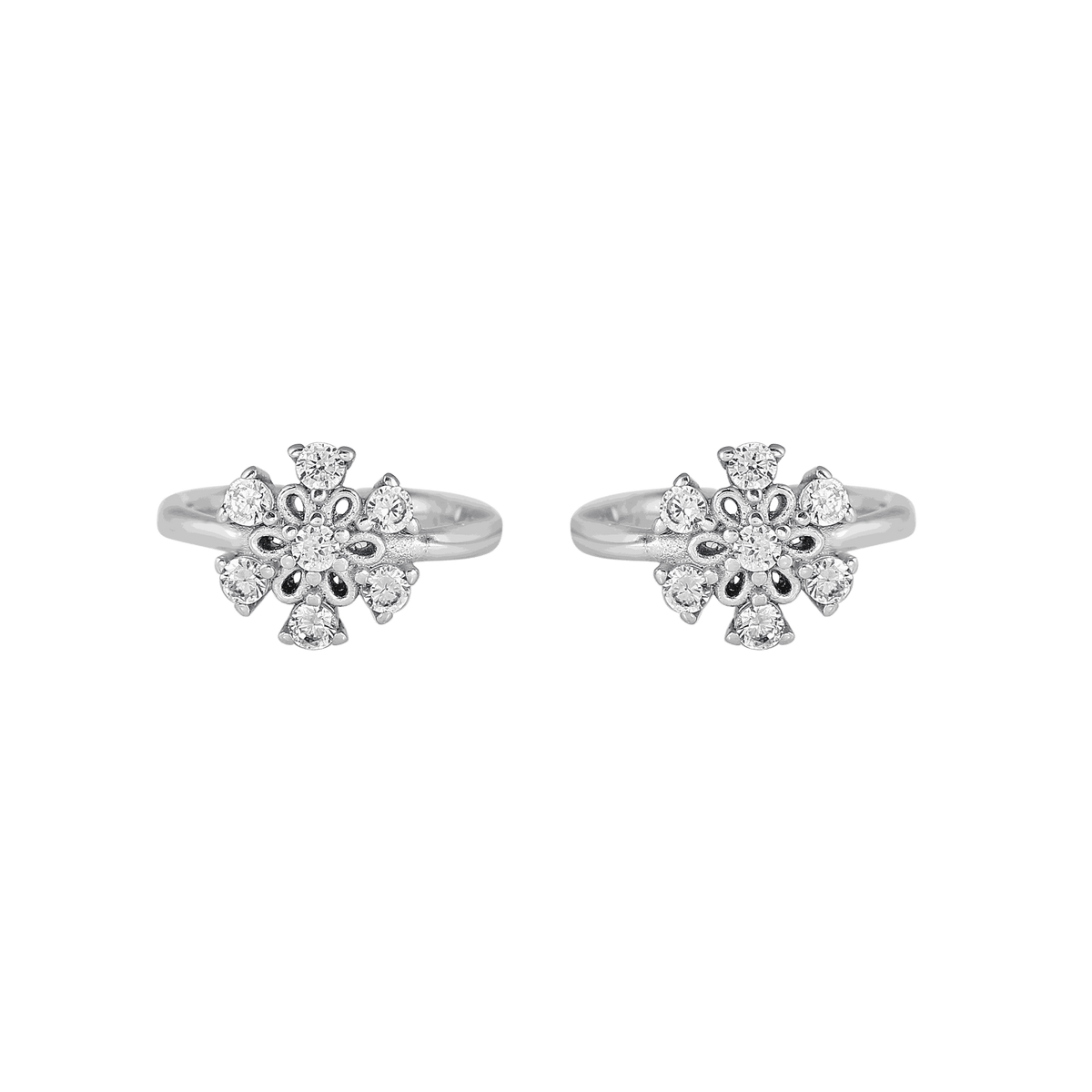 Silver Sparkling Floral Toe Rings featuring sterling silver bands with intricate floral designs accented by sparkling cubic zirconia stones.