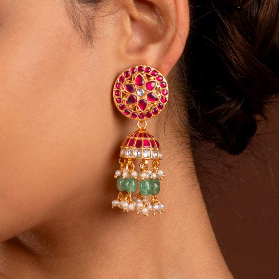 Floral Kundan Pattern Silver Jhumkas by Tavya Jewellery - full view