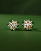 Green Bead Floral Halo Stud Earrings in 92.5 SilverGreen Bead