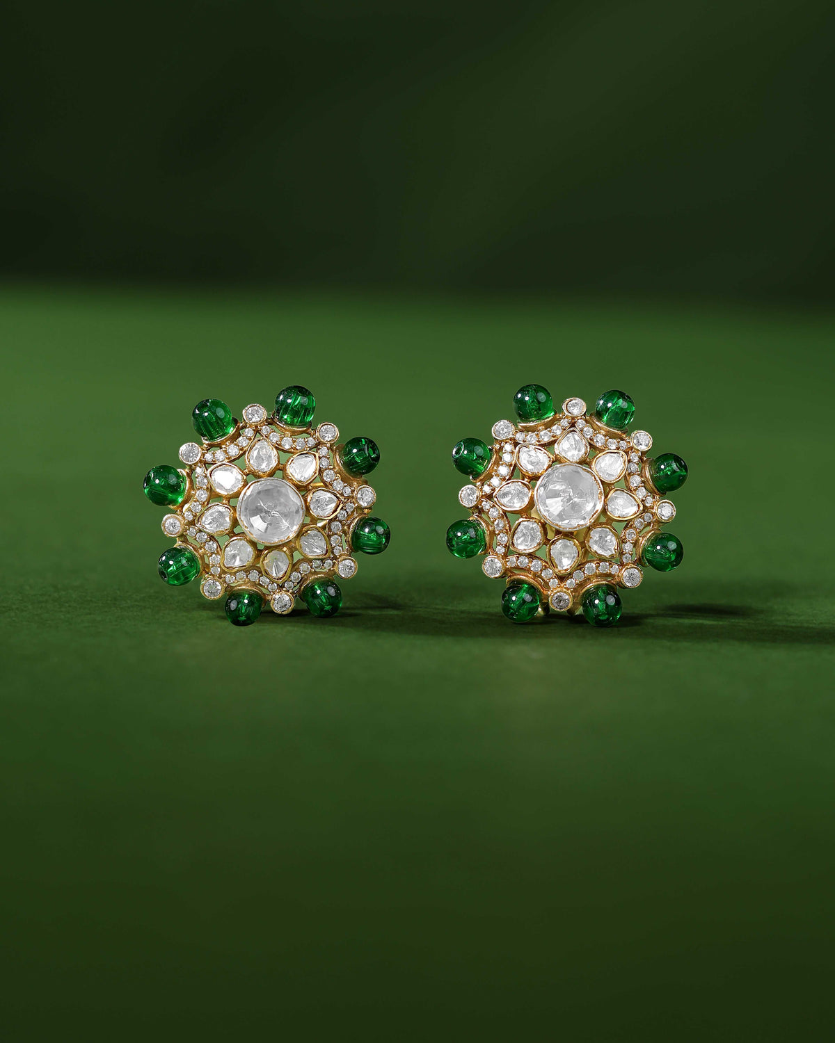 Green Bead Floral Halo Stud Earrings in 92.5 SilverGreen Bead