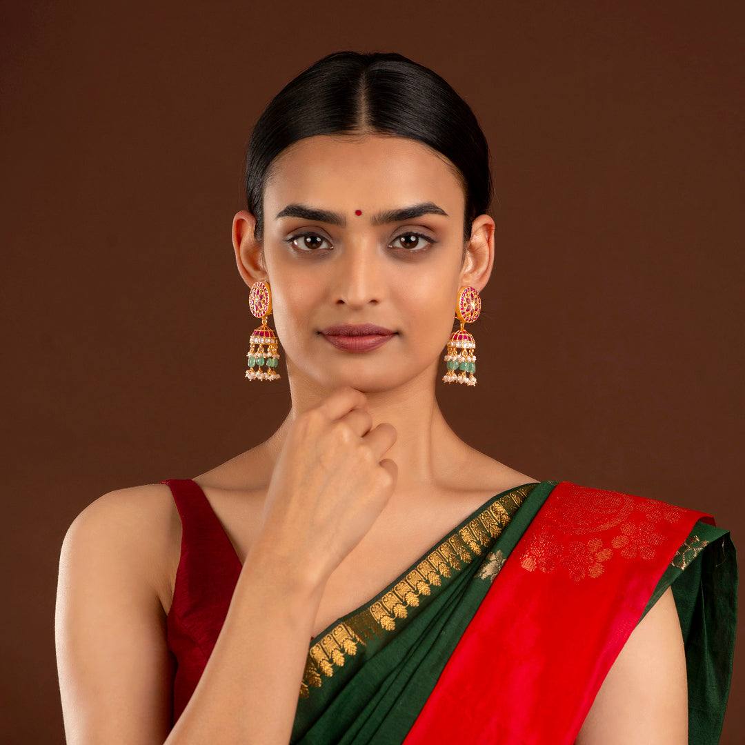 Floral Kundan Pattern Silver Jhumkas by Tavya Jewellery - styled close-up