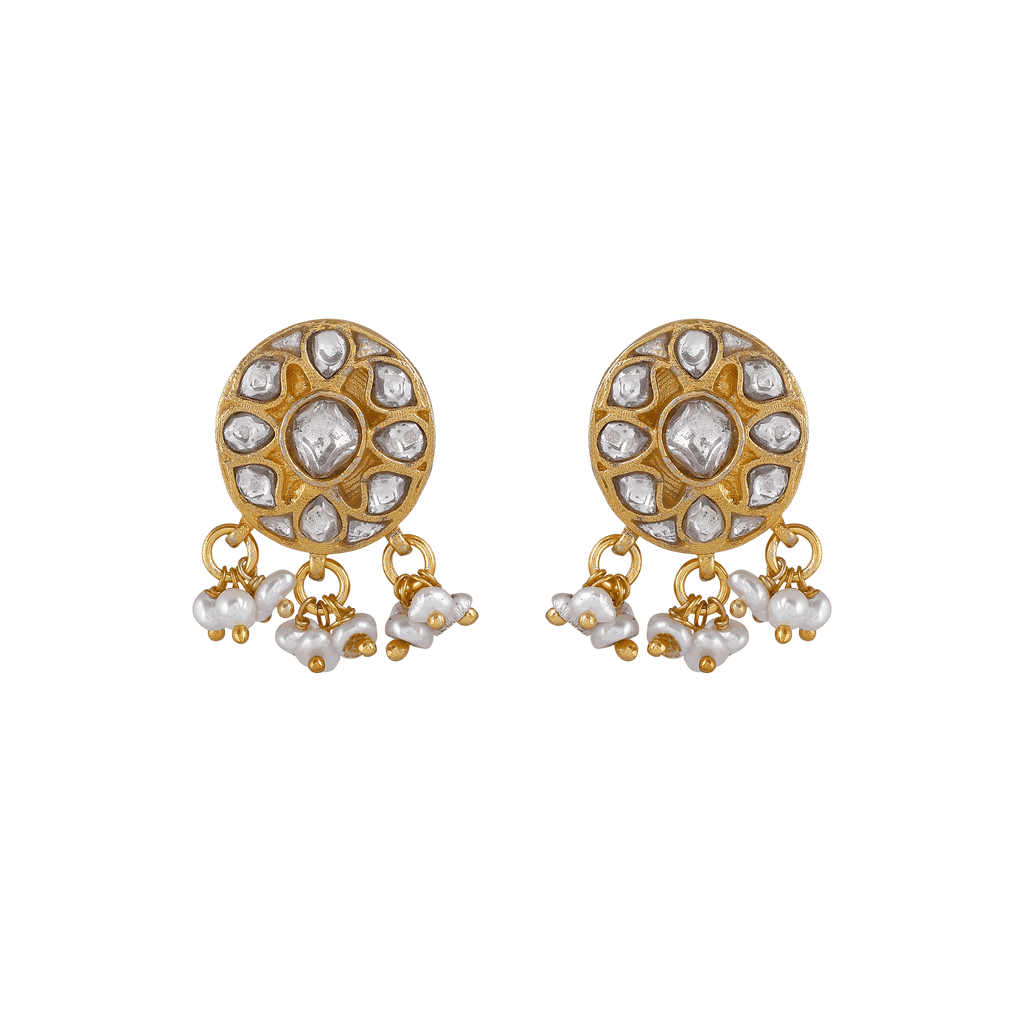 Silver Polki Style CZ Studs featuring gold-toned metal with floral cubic zirconia accents and dangling white pearl drops.