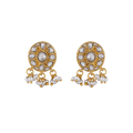 Silver Polki Style CZ Studs featuring gold-toned metal with floral cubic zirconia accents and dangling white pearl drops.