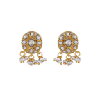 Silver Polki Style CZ Studs featuring gold-toned metal with floral cubic zirconia accents and dangling white pearl drops.