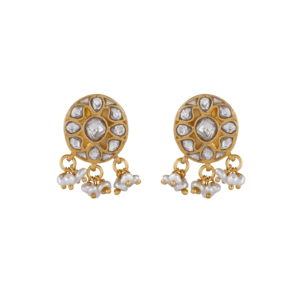 Silver Polki Style CZ Studs featuring gold-toned metal with floral cubic zirconia accents and dangling white pearl drops.