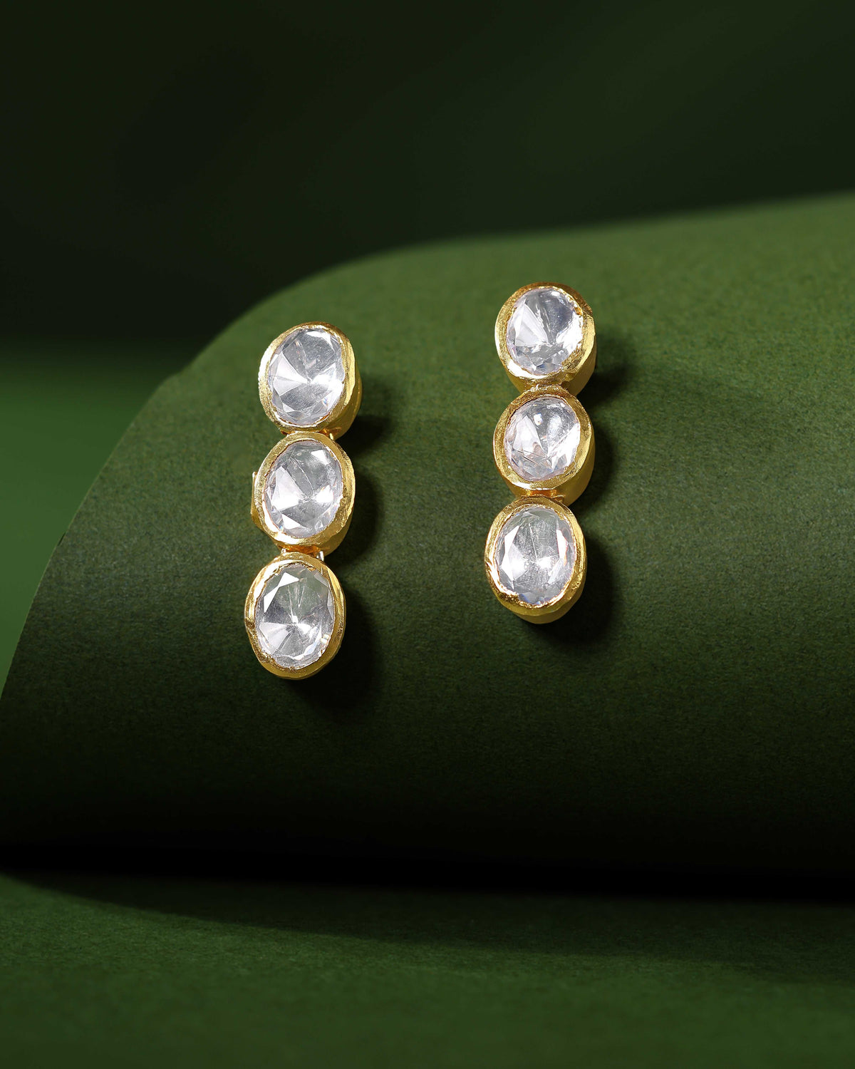 Silver Polki-Style CZ Triple Drop Stud EarringsSilver Polki-Style CZ