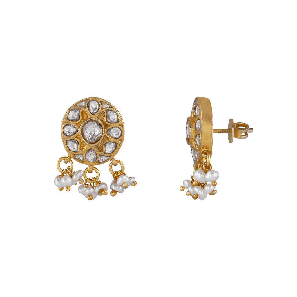 Silver Polki Style CZ Studs with Pearl DropsSilver Polki Style CZ Studs