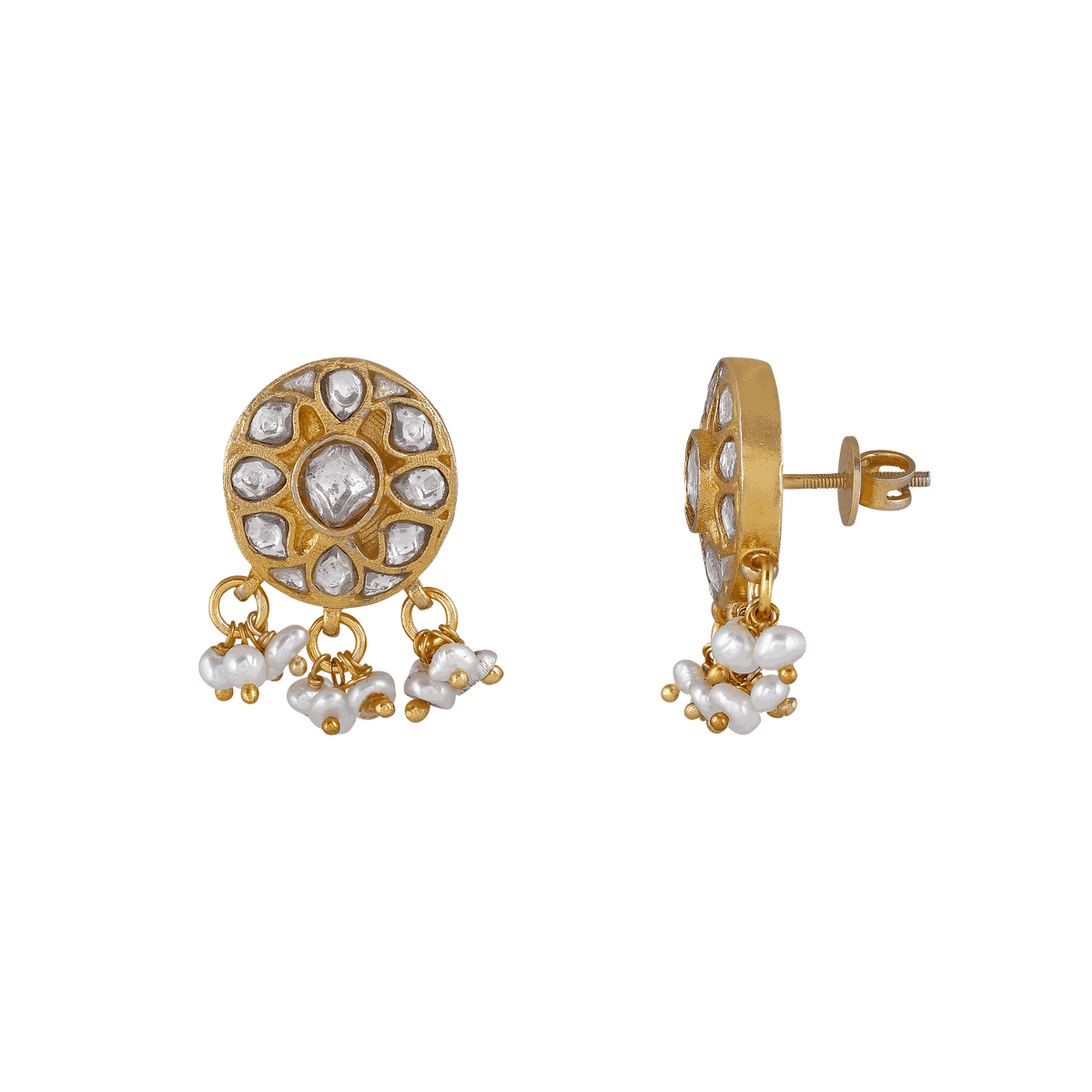 Silver Polki Style CZ Studs with Pearl DropsSilver Polki Style CZ Studs