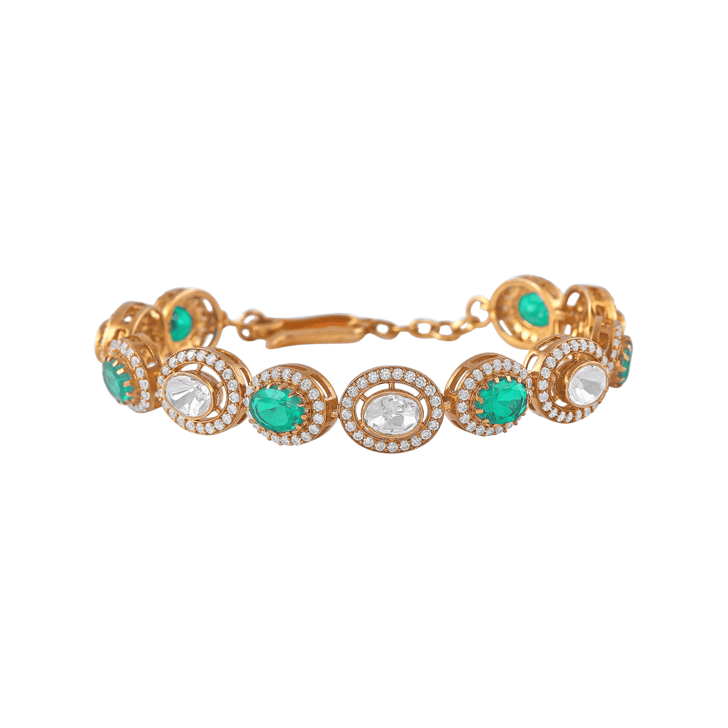 Gold Plated Silver bracelet featuring oval green stones and clear Polki crystals in ornate moon-shaped settings with micro-CZ accents.