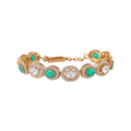 Gold Plated Silver bracelet featuring oval green stones and clear Polki crystals in ornate moon-shaped settings with micro-CZ accents.