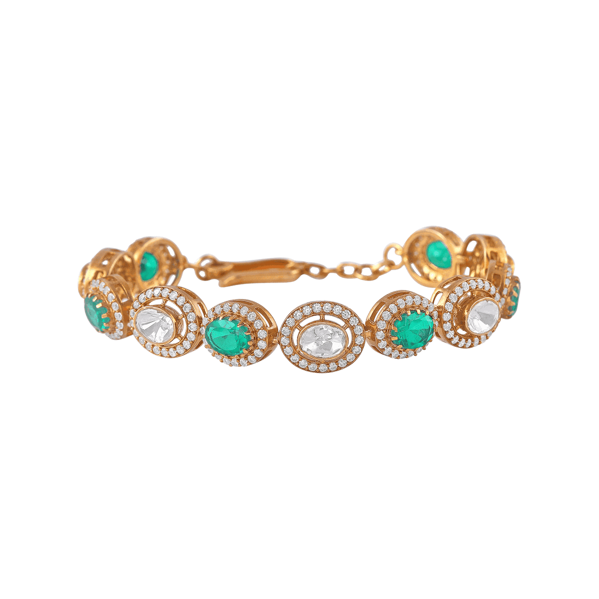 Gold Plated Silver bracelet featuring oval green stones and clear Polki crystals in ornate moon-shaped settings with micro-CZ accents.