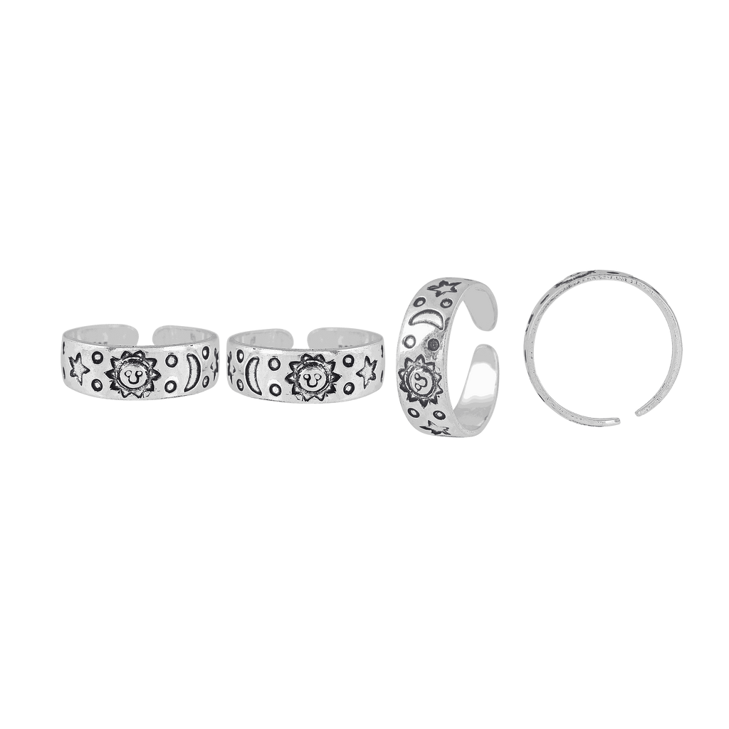 Sun & Moon Oxidized Silver Toe Ring featuring engraved sun, moon, and star patterns on a polished, slightly oxidized silver band.