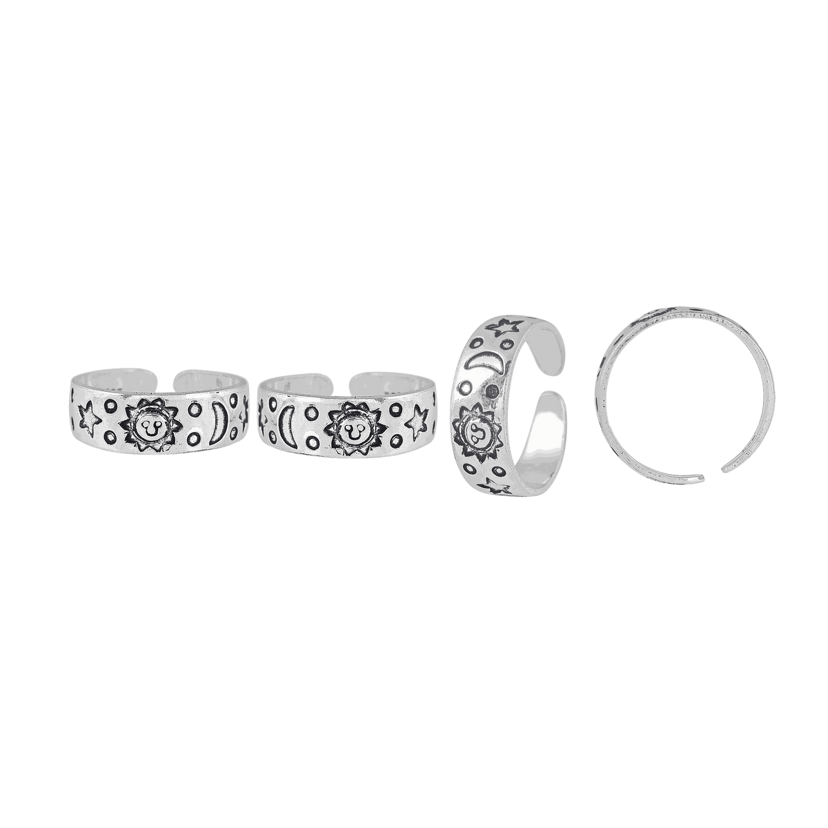 Sun & Moon Oxidized Silver Toe Ring featuring engraved sun, moon, and star patterns on a polished, slightly oxidized silver band.