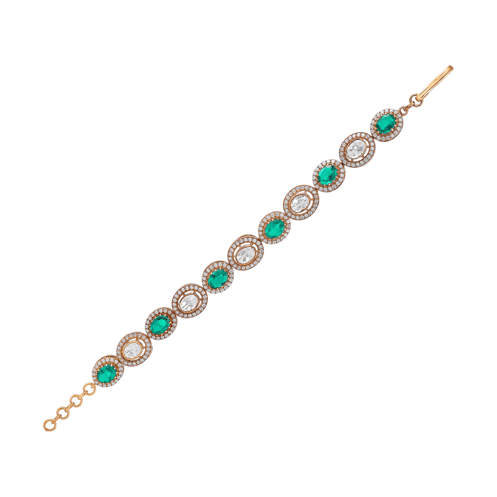 Gold Plated Silver Polki Pattern Bracelet with Green StoneGold Plated Silver