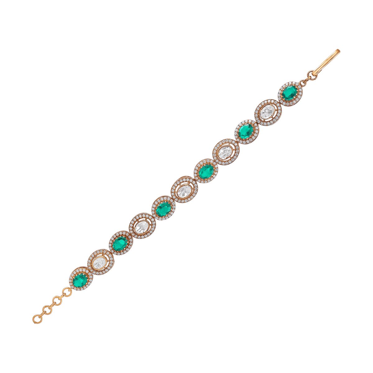 Gold Plated Silver Polki Pattern Bracelet with Green StoneGold Plated Silver