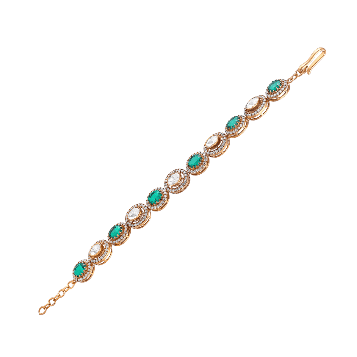 Gold Plated Silver Polki Pattern Bracelet with Green StoneGold Plated Silver