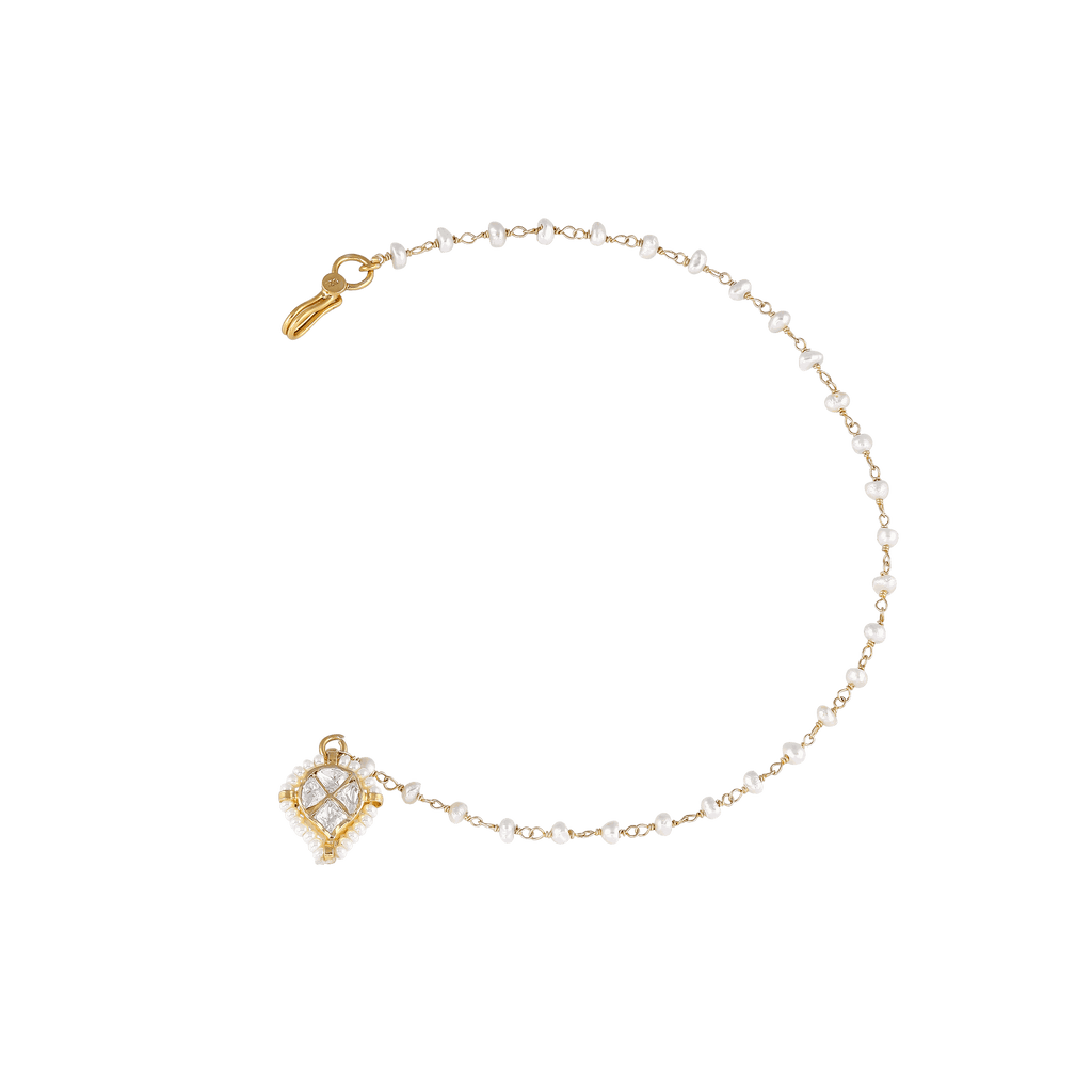 92.5 Silver CZ Nose Ring featuring a teardrop cubic zirconia, surrounded by micro-pearls with a delicate pearl chain and gold-plated hook.