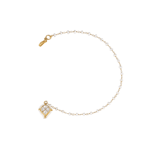 92.5 Silver CZ Nose Ring featuring a teardrop cubic zirconia, surrounded by micro-pearls with a delicate pearl chain and gold-plated hook.