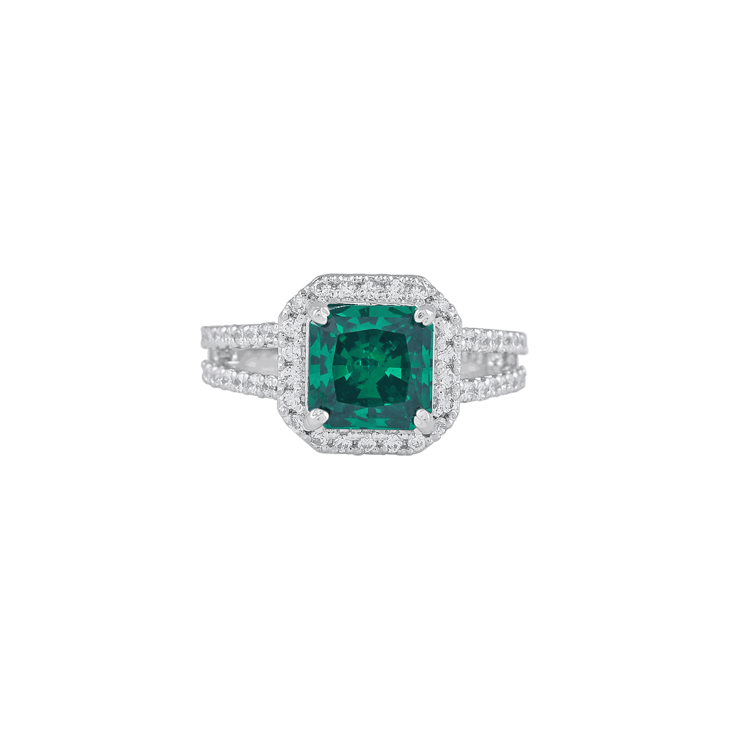 Green Cushion-Cut Halo Ring featuring a vibrant green gemstone surrounded by a sparkling silver pavé halo and split-shank band.