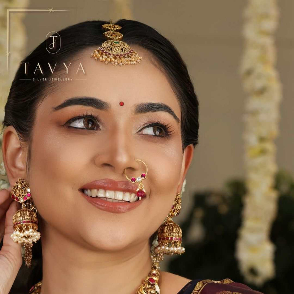 92.5 Silver Ruby Stone Nose Ring with Pearl Dangles by Tavya Jewellery - close-up detail