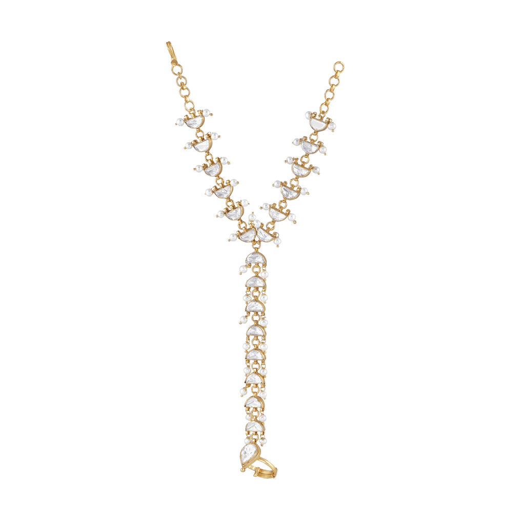 Silver Kundan Haath Phool with Delicate Pearl AccentsSilver Kundan Haath Phool