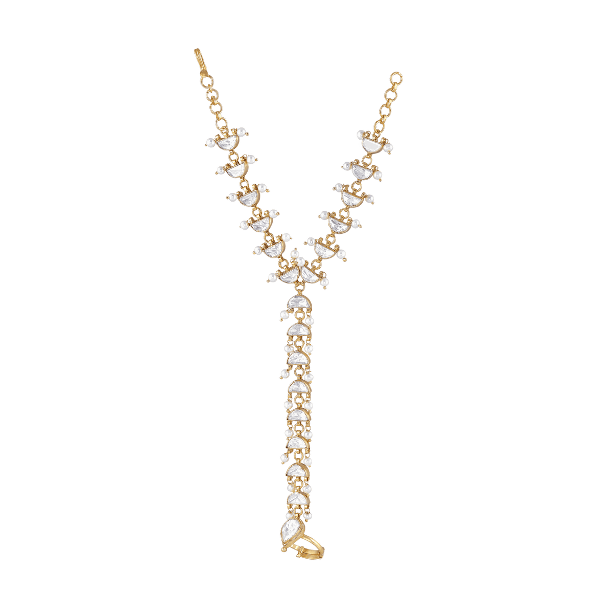 Silver Kundan Haath Phool with Delicate Pearl AccentsSilver Kundan Haath Phool