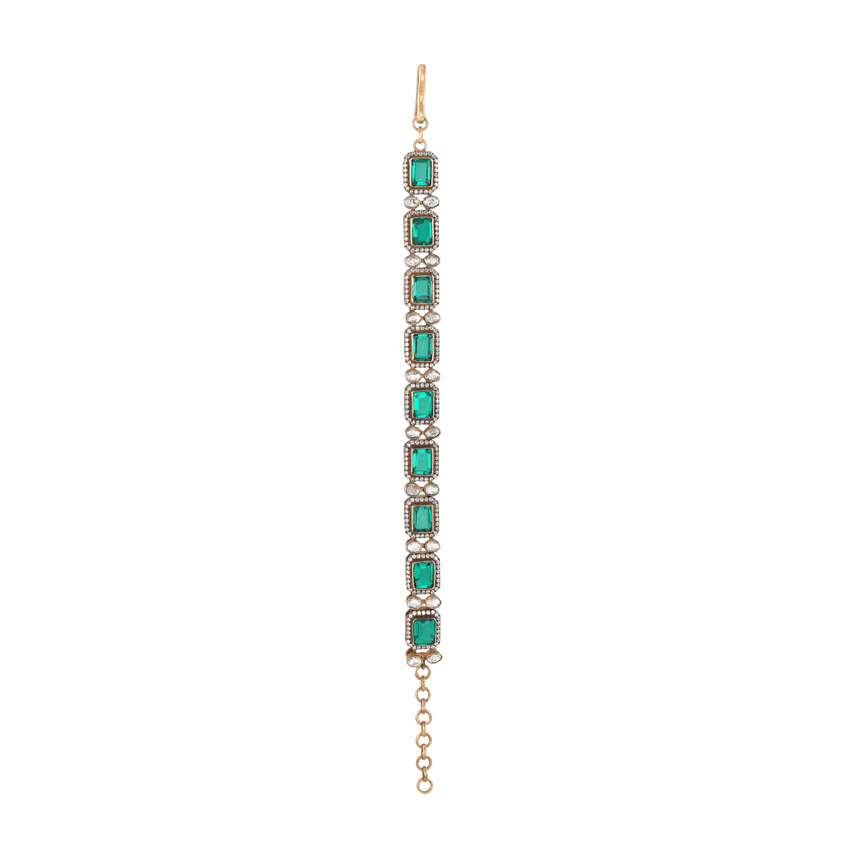 Silver Polki Pattern Bracelet With Green StonesSilver Polki Pattern Bracelet