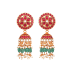 Floral Kundan Pattern silver jhumkas with ruby red stones, white kundan detailing, green beads, and pearl tassels.