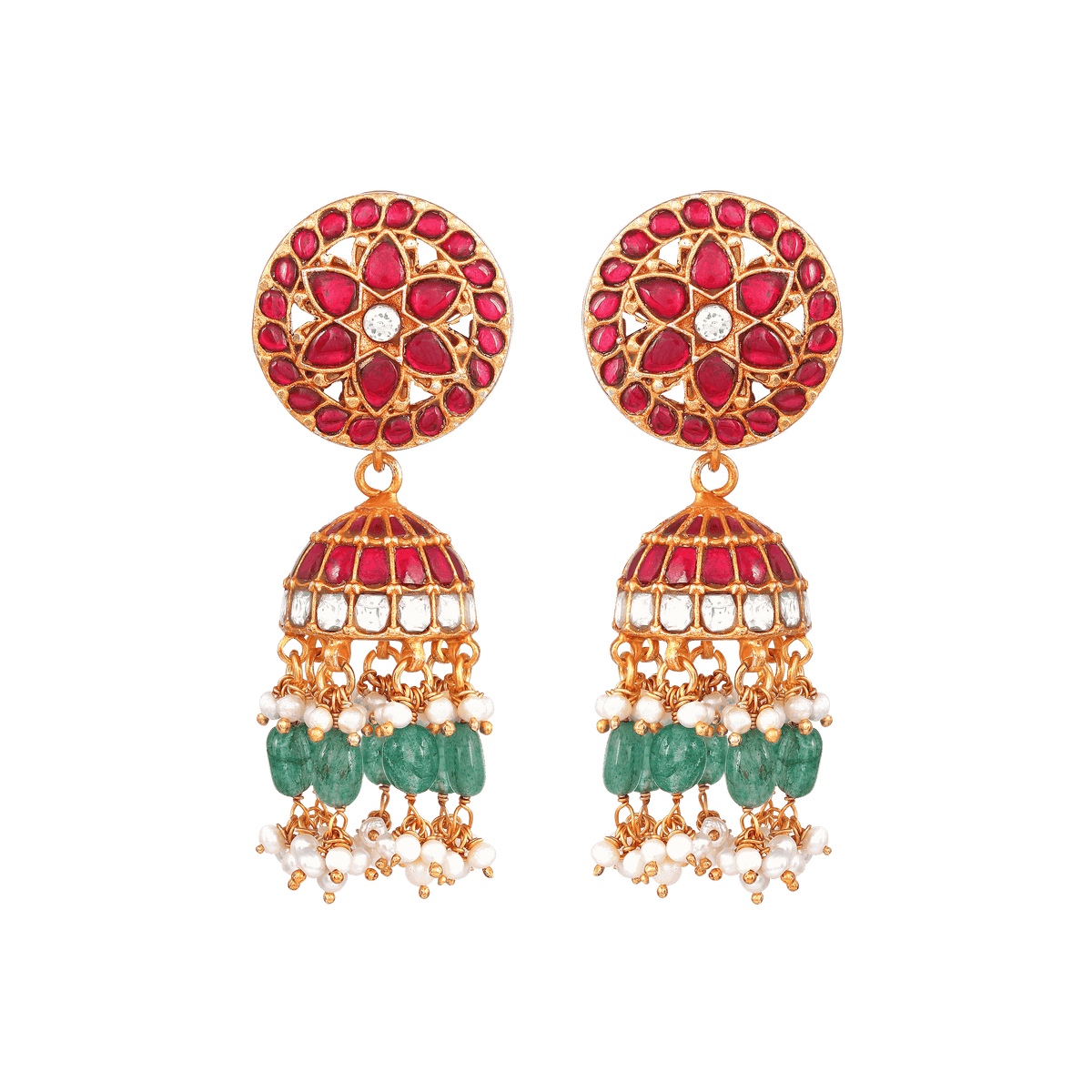 Floral Kundan Pattern silver jhumkas with ruby red stones, white kundan detailing, green beads, and pearl tassels.