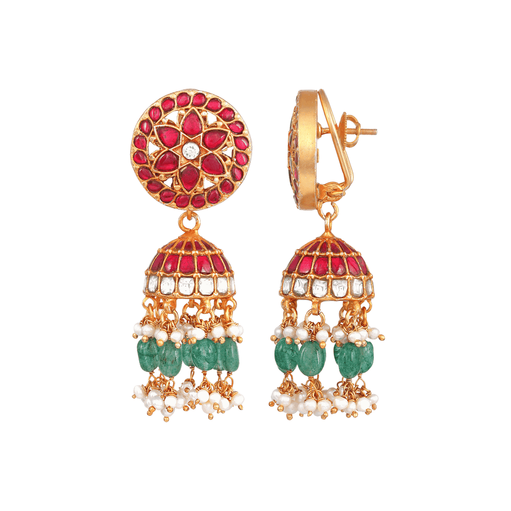 Floral Kundan Pattern Silver Jhumkas by Tavya Jewellery - side view