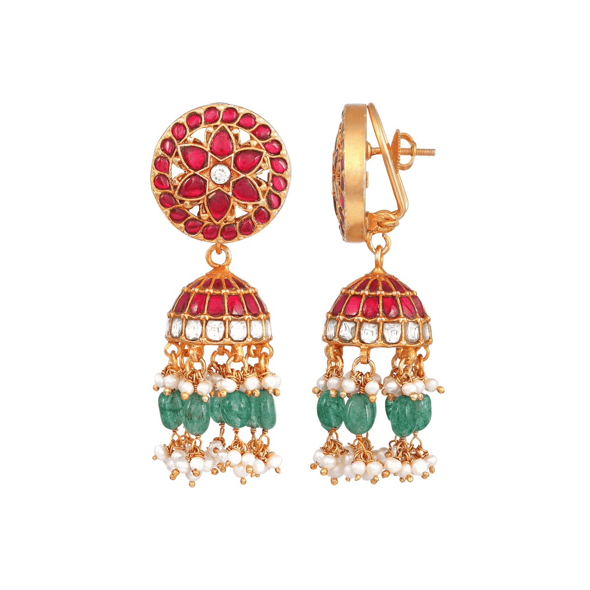 Floral Kundan Pattern Silver Jhumkas by Tavya Jewellery - side view