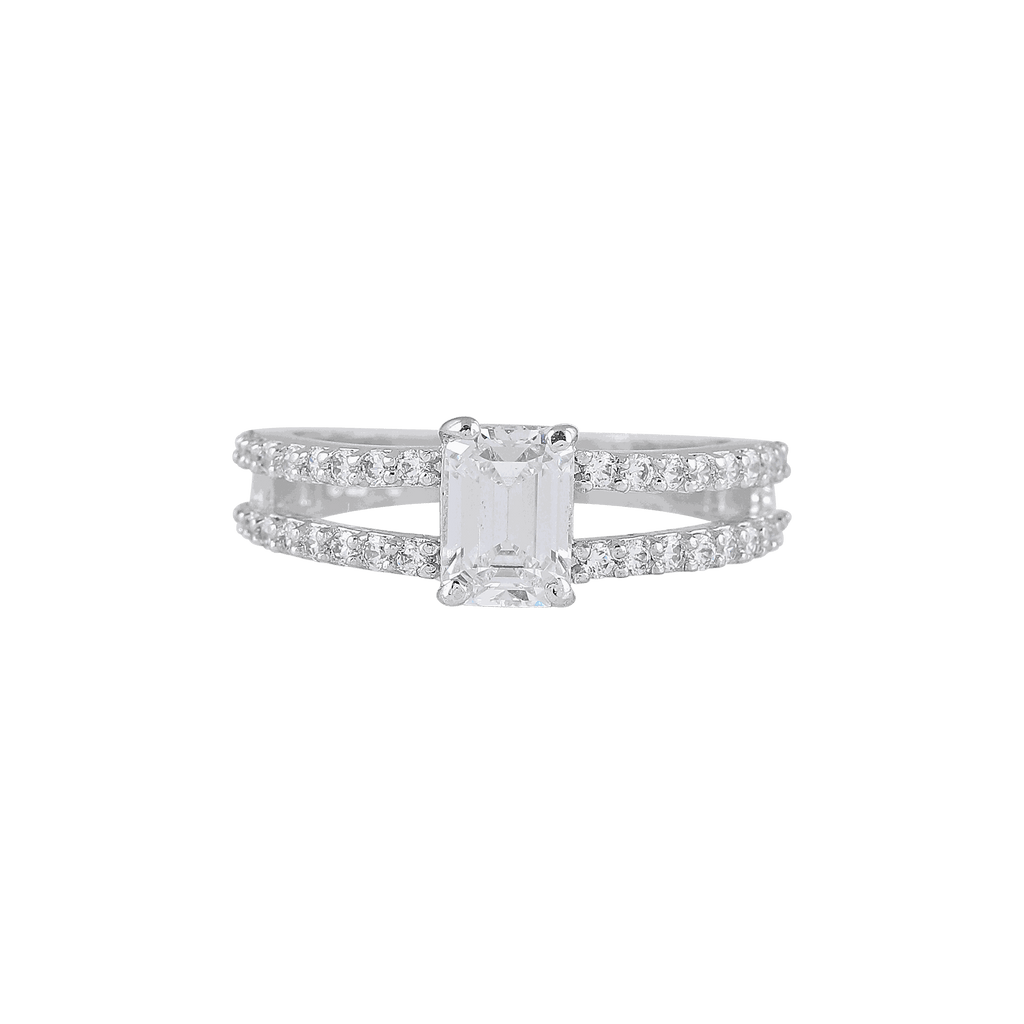 Sparkling CZ Double Band Ring in polished 92.5 silver featuring a rectangular center stone and pavé-set accents on dual bands.