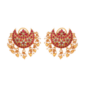 Silver Chandbali Earrings with gold plating, red Kundan stones, clear CZ stones, and pearl and gold ball fringe detailing.