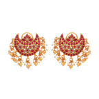 Silver Chandbali Earrings with gold plating, red Kundan stones, clear CZ stones, and pearl and gold ball fringe detailing.