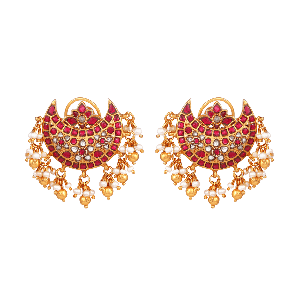 Silver Chandbali Earrings with gold plating, red Kundan stones, clear CZ stones, and pearl and gold ball fringe detailing.