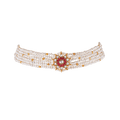 Multi-Strand Pearl Choker featuring multiple white pearl strands with gold accents and a red and white CZ floral pendant centerpiece.