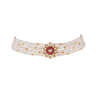 Multi-Strand Pearl Choker featuring multiple white pearl strands with gold accents and a red and white CZ floral pendant centerpiece.