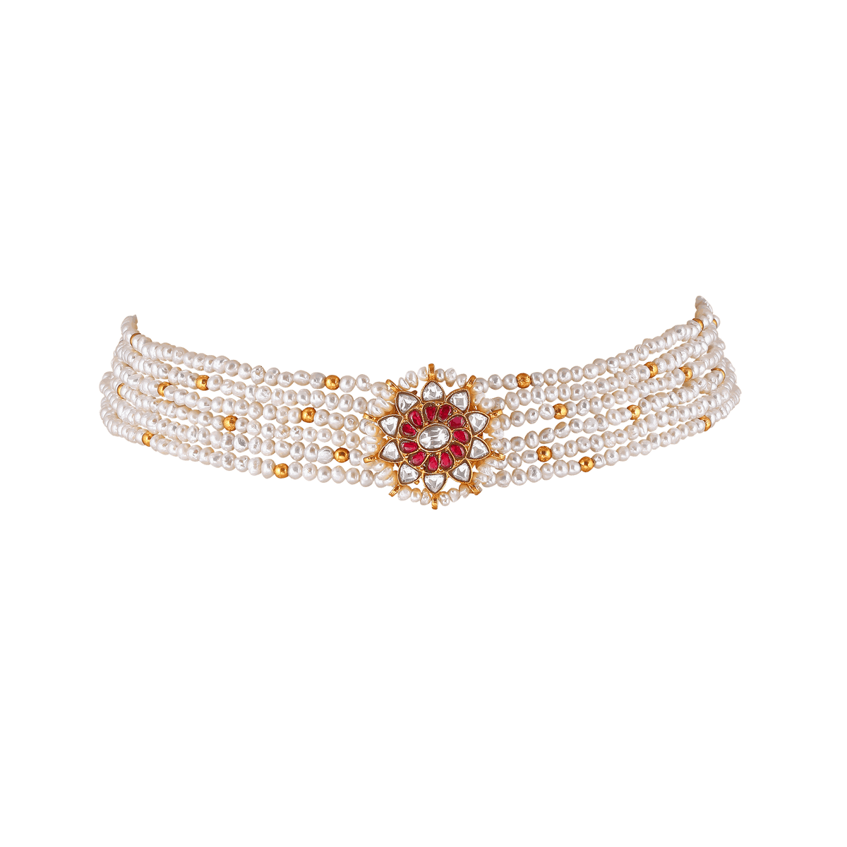 Multi-Strand Pearl Choker featuring multiple white pearl strands with gold accents and a red and white CZ floral pendant centerpiece.