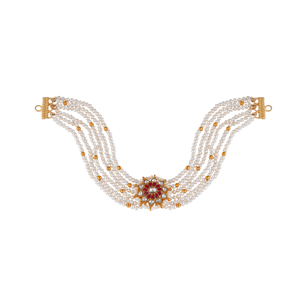 Multi-Strand Pearl Choker with CZ Floral Pendant in Gold Plated SilverMulti-Strand Pearl Choker