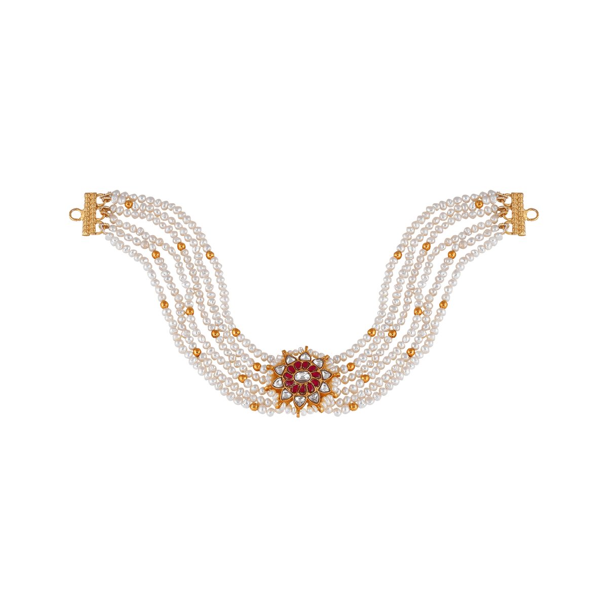 Multi-Strand Pearl Choker with CZ Floral Pendant in Gold Plated SilverMulti-Strand Pearl Choker
