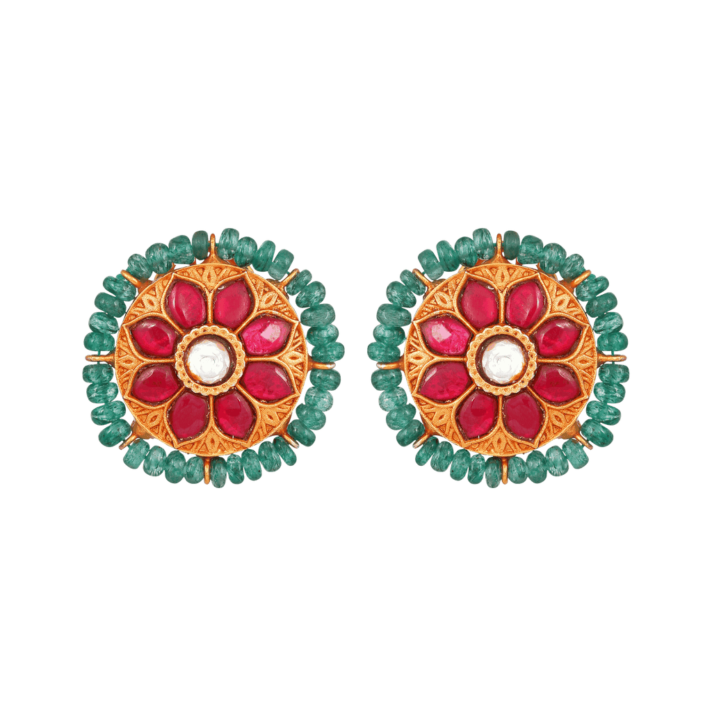 Silver Studs with gold plating featuring red floral motifs surrounded by green bead halos and intricate metalwork detailing.
